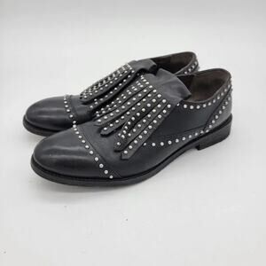 BOEMOS Black Silver Leather Studded Fringe Wingtip Slip On Loafers Size 36